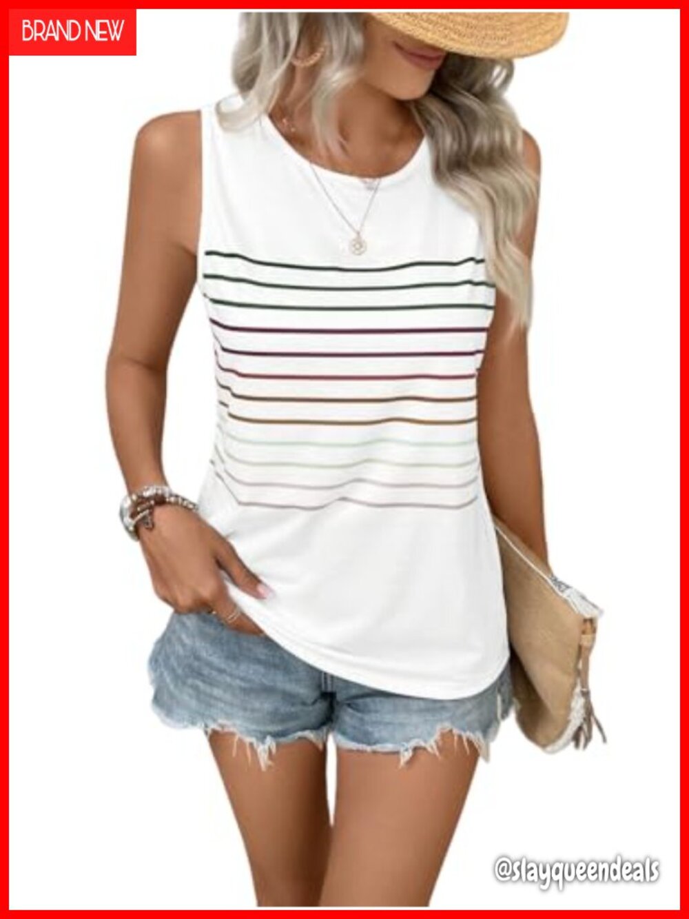 Striped Sleeveless Tank Top Women Slim Fit Knit Crewneck Summer Casual